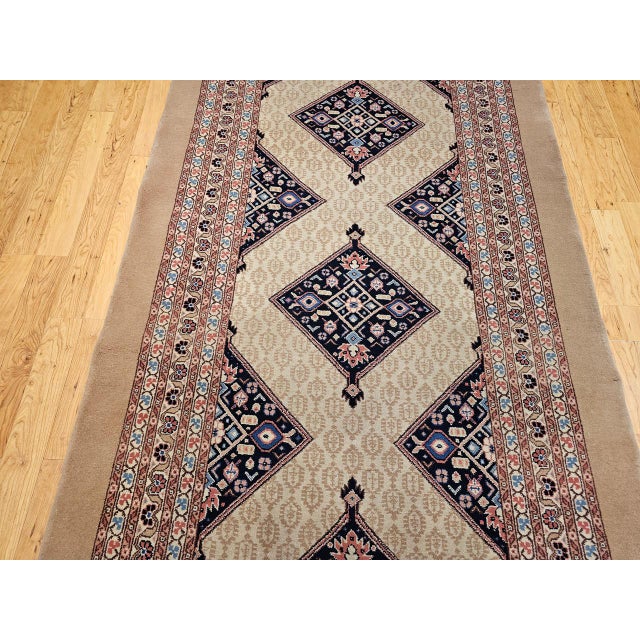 Textile Vintage Malayer Gallery Rug, Hand-Knotted Wool, Geometric Pattern, 5x10, Camehair & Navy For Sale - Image 7 of 13