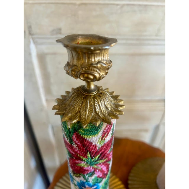 Antique Crystal Bead Petit Point Candle Holders Pair For Sale - Image 9 of 15