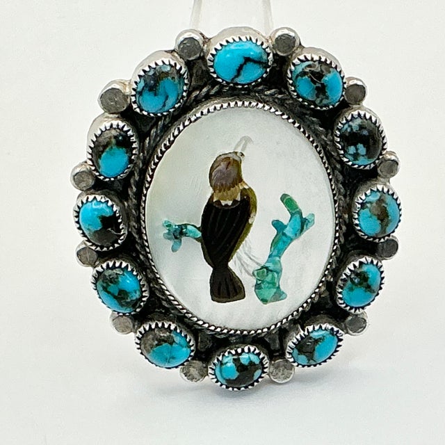 1970s Vintage Southwestern Dine Navajo Ben Touchine Sterling & Turquoise Cocktail Ring - Size 8.5 For Sale - Image 11 of 12