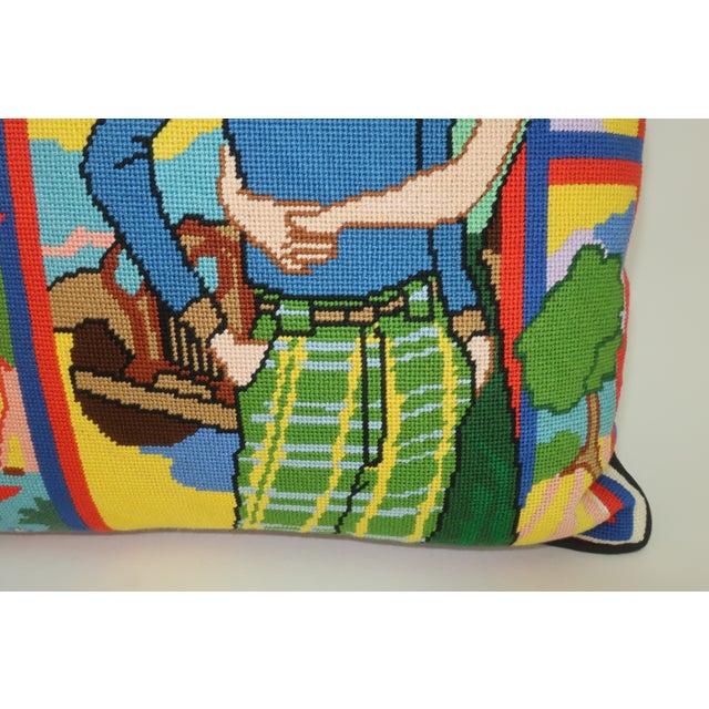 Cerulean Retro Couple Sporty Scene Needlepoint Pillow, c.1970 For Sale - Image 8 of 10