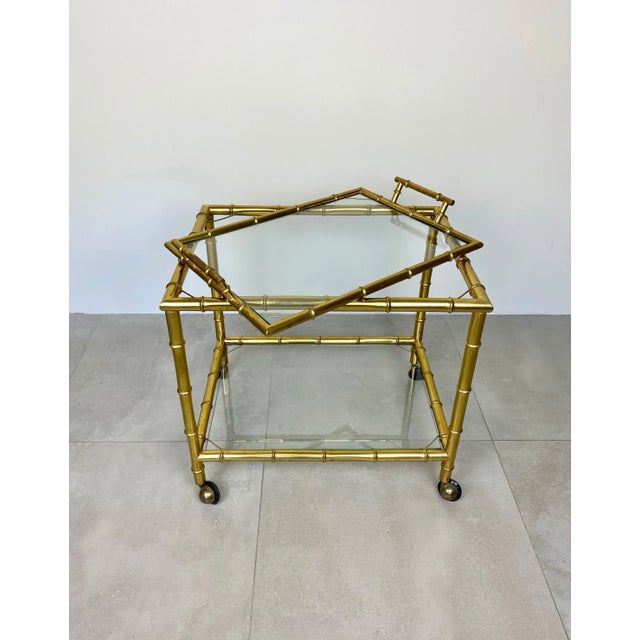 Brass Faux Bamboo Effect & Glass Serving Bar Cart, Italy, 1960s For Sale - Image 6 of 18