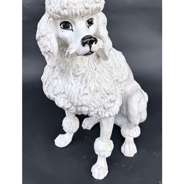 Italian Faience Poodle Figure, White Glaze With Blue Bow, Mid-20th Century, 21 3/4 In. Tall For Sale - Image 10 of 15