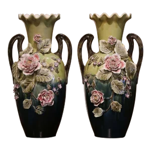 Pair of Mid-Century French Painted Ceramic Barbotine Vases With Floral Motifs