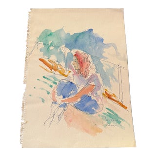 1961 Watercolor Sketch by Dimitrie Berea of a Seated Young Woman on a Boat For Sale