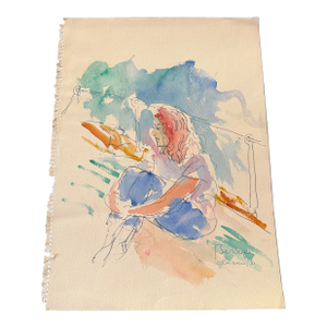 1961 Watercolor Sketch by Dimitrie Berea of a Seated Young Woman on a Boat
