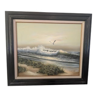1960s W. Dawson Signed Oil Painting O Canvas Seagulls on the Seaside For Sale