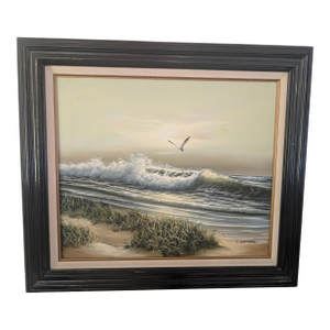 1960s W. Dawson Signed Oil Painting O Canvas Seagulls on the Seaside