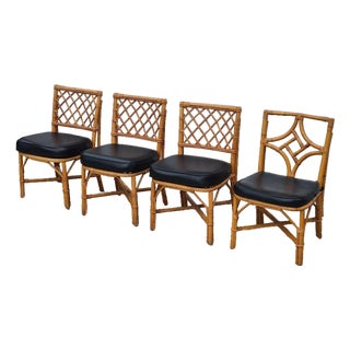 1970s Bamboo Rattan Lattice Back Dining Chairs W/ Black Faux Leather Cushions, Assembled Set of 4 For Sale