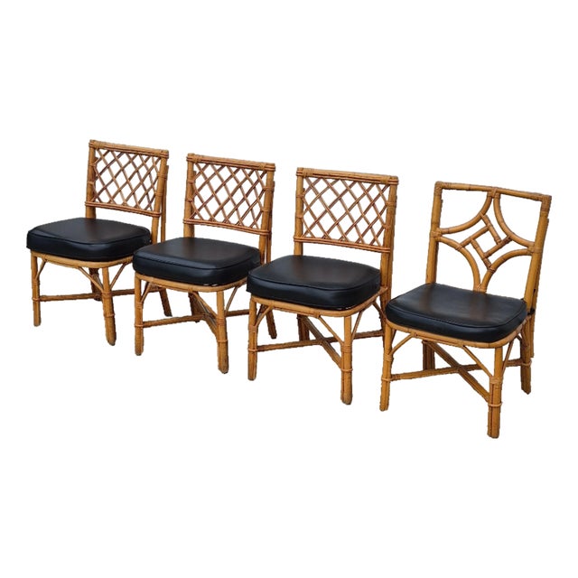 1970s Bamboo Rattan Lattice Back Dining Chairs W/ Black Faux Leather Cushions, Assembled Set of 4 For Sale