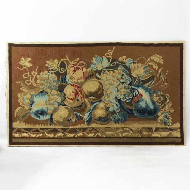 Vintage Needlepoint Tapestry Still Life of Fruit – Rustic Wall Art in Earth Tones For Sale - Image 9 of 9