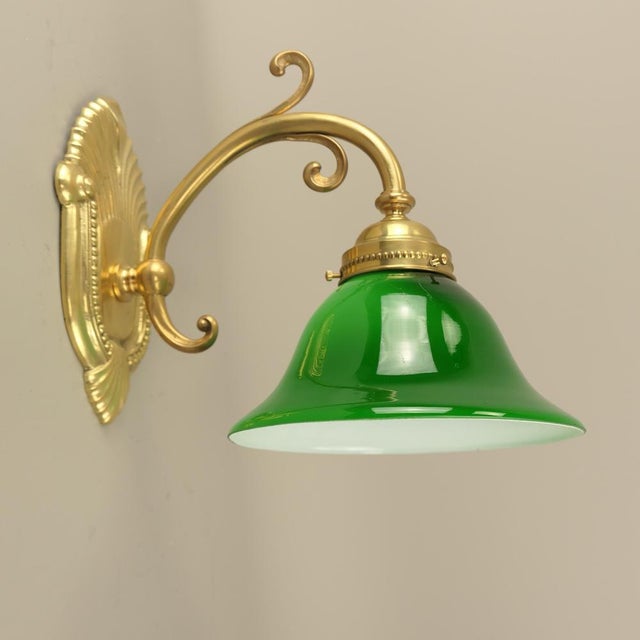 Art Nouveau Brass Wall Lamp with Green Flashed Glass, Vienna, 1910s For Sale - Image 3 of 7