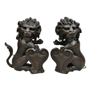 Late 19th Century Antique Renaissance Revival Carved Oak Wood 20" Lion Architectural Elements Pair