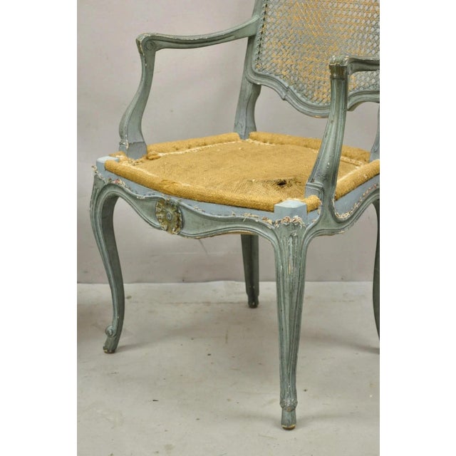 Early 20th Century Antique French Louis XV Style Blue Painted Cane Back Fauteuil Arm Chairs - Pair For Sale - Image 5 of 12