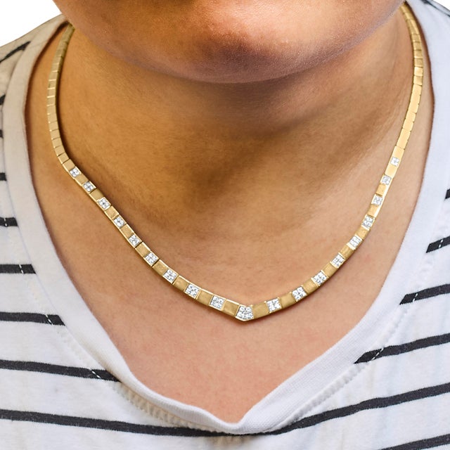 Haus of Brilliance 14K Yellow Gold 4/5 Cttw Diamond Cluster and Bar Set Link 3.5 MM Chain Necklace (G-H Color, VS1-VS2 Clarity) - 16" Inches For Sale - Image 4 of 5
