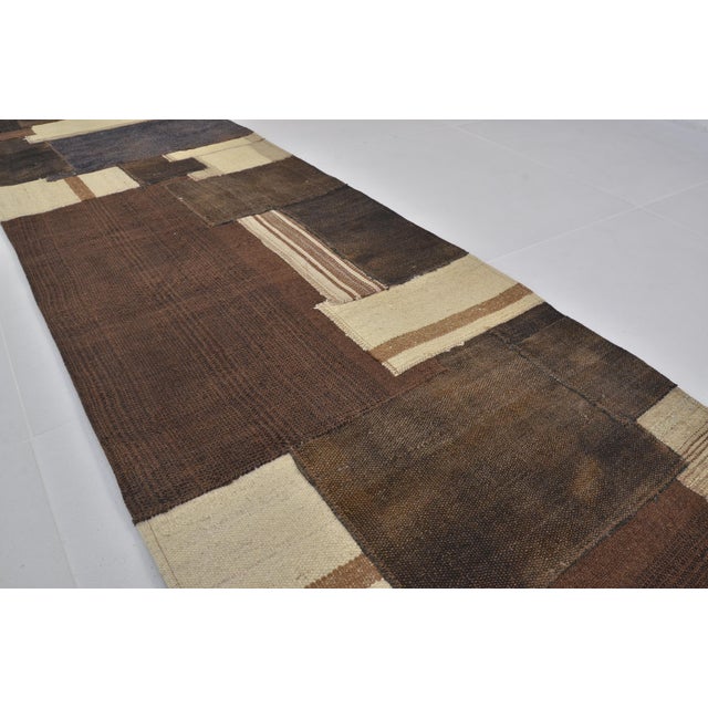 Textile Mid 20th Century Brown & White Nomadic Kilim Runner For Sale - Image 7 of 9