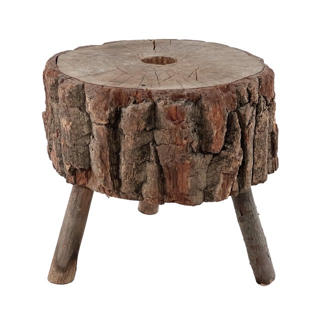 Farmhouse Antique Late 1800s Rustic Primitive Wood Adirondack Tripod Log Stool With Bark Exterior For Sale - Image 3 of 10
