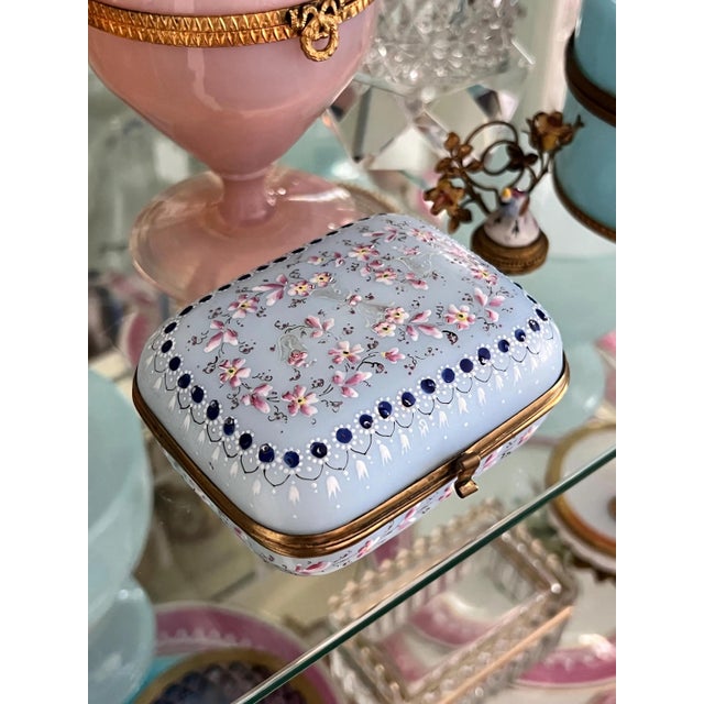 Beautiful antique pale blue opaline glass box // Napoleon III era // 1850-1870 // hand-enameled boule de savon hinged box // collectible For Sale - Image 12 of 15