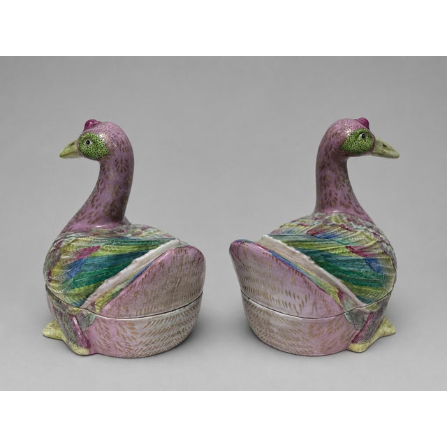 Late 20th Century Chinese Export-Style Famille Rose Armorial Porcelain Duck-Form Covered Tureens - a Pair For Sale - Image 10 of 11