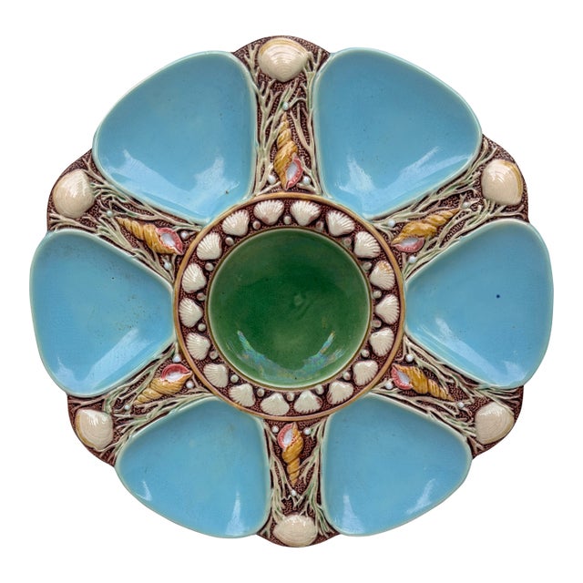 Victorian Majolica Aqua Oyster Plate by Minton, Ceramic, England, 1880 For Sale
