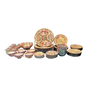 1930s Chinese Rose Canton Medallion Porcelain Dinnerware Set- 60 Pieces