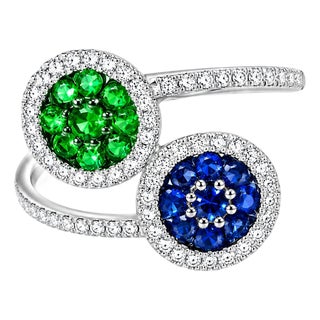 14K White Gold Sapphire Tsavorite Diamond Designer Ring Band For Sale