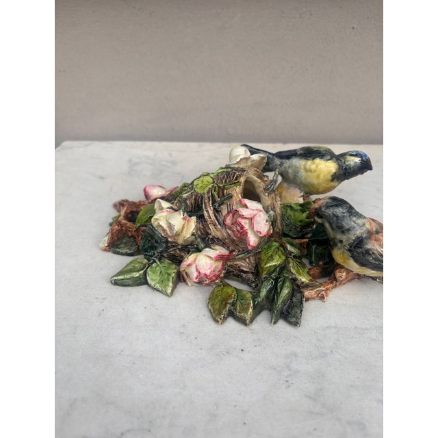 French Country Rare 19th Century Majolica Birds & Roses Wall Pocket Delphin Massier For Sale - Image 3 of 8