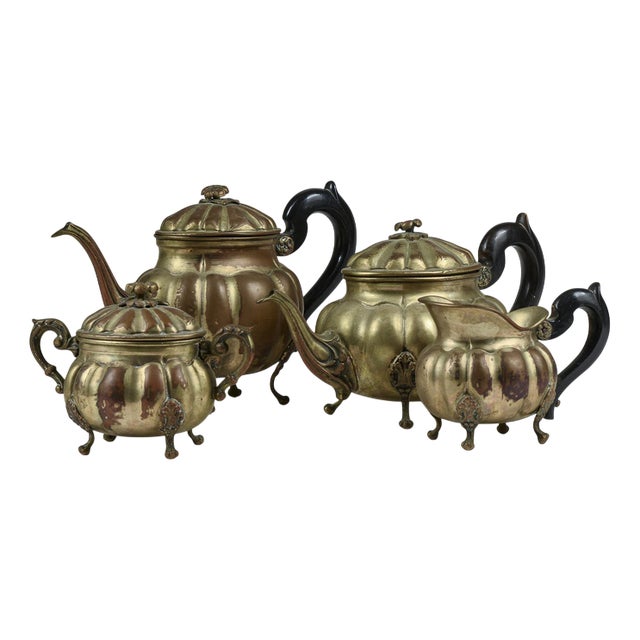English Style Silver-Plated Tea Service in Copper, Brass and Ebony, Set of 4 For Sale