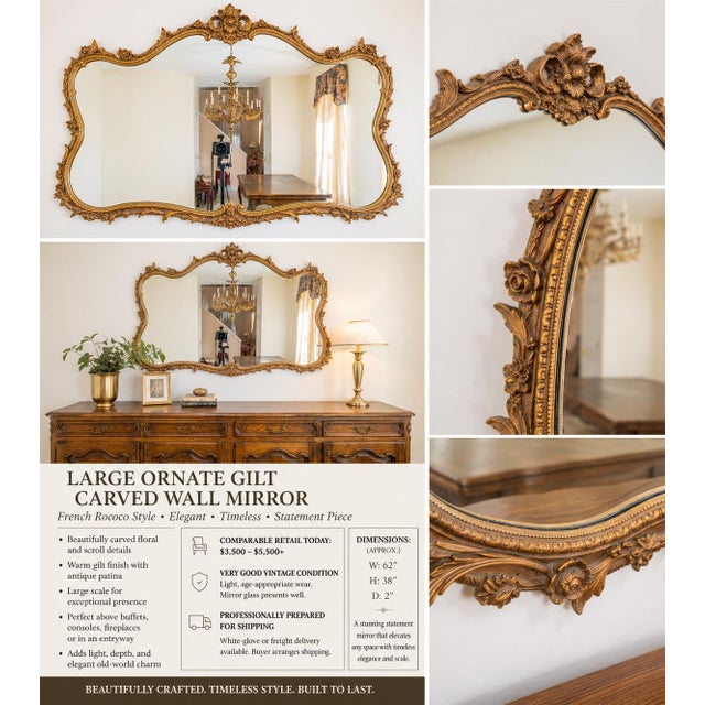 Large Ornate Gilt Carved Wall Mirror – French Rococo Style, Statement Piece For Sale - Image 4 of 4