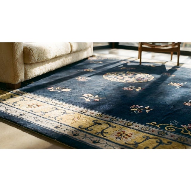Black Charming Details Rose-Yellow-Blue Roses Floral-Medallion Design Antique Chinese Peking Rug For Sale - Image 8 of 9