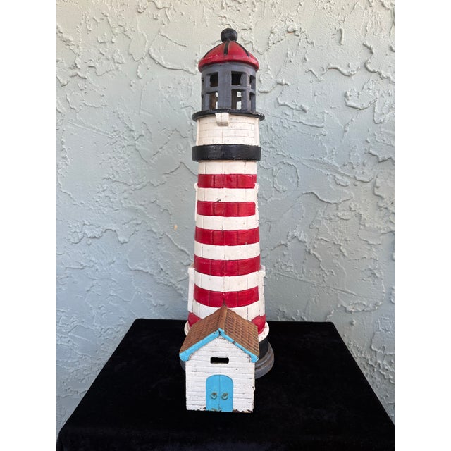 Vintage Cast Iron Lighthouse Sculpture With Removable Top & Tealight Holder – Nautical Coastal Decor For Sale - Image 4 of 12