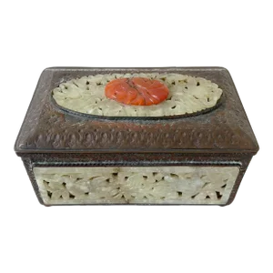 Chinoiserie Carved Jade and Carnelian Copper Box