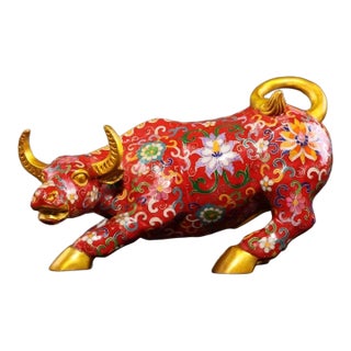 Vintage Cloisonné Enamel Golden Ox Statue With Floral Motif For Sale