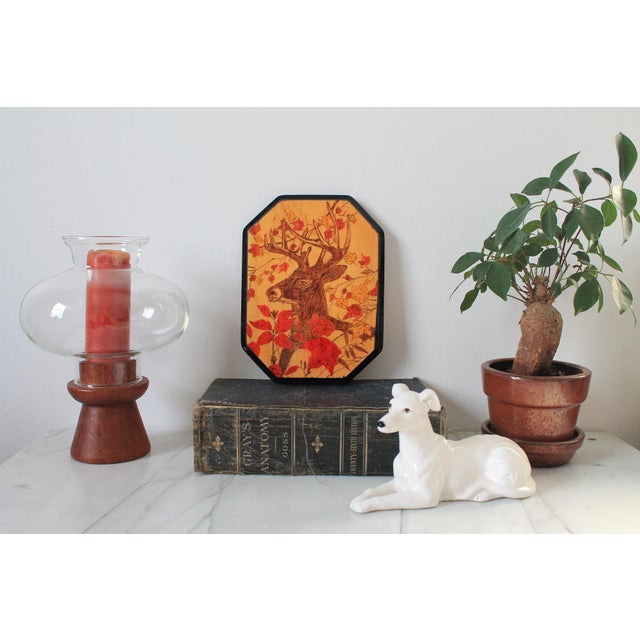 Vintage handmade wood wall hanging plaque featuring a deer in a forest setting. No makers mark. Minor age wear. Pictured....
