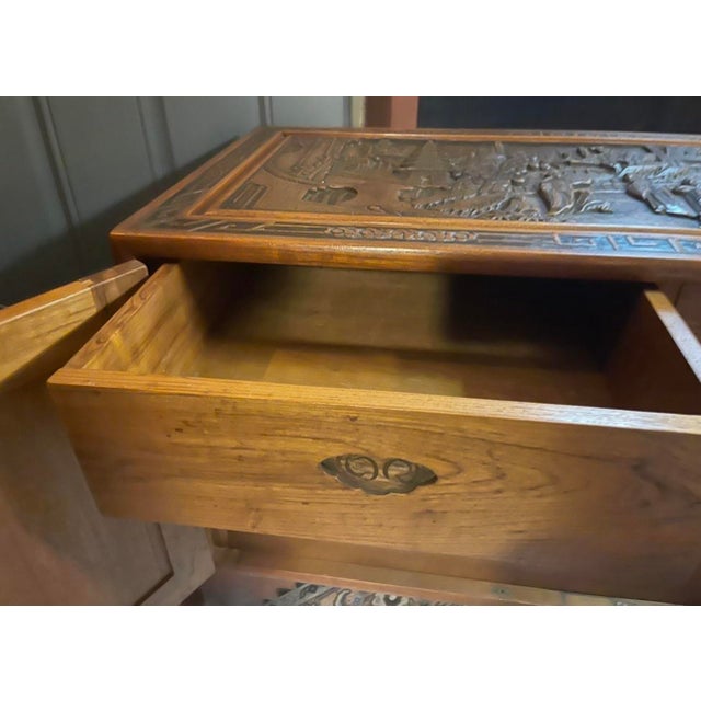 Vintage Asian Carved Wood Cabinet With Scenic Relief Panels & Interior Drawers For Sale In San Antonio - Image 6 of 6