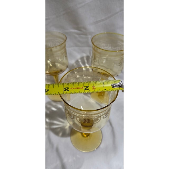 Art Deco Vintage Yellow Depression Glass Wine/Water Glasses Set of 5 Etched For Sale - Image 3 of 5