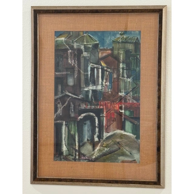 Blue Mid-Century Modernist Cityscape Mixed Media - Framed & Signed For Sale - Image 8 of 18