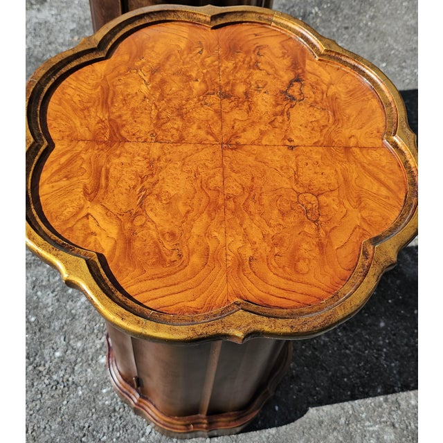 Mid 20th Century Pair of Hollywood Regency Burl Scalloped Top Gilt-Washed Drum Cabinets For Sale - Image 5 of 8