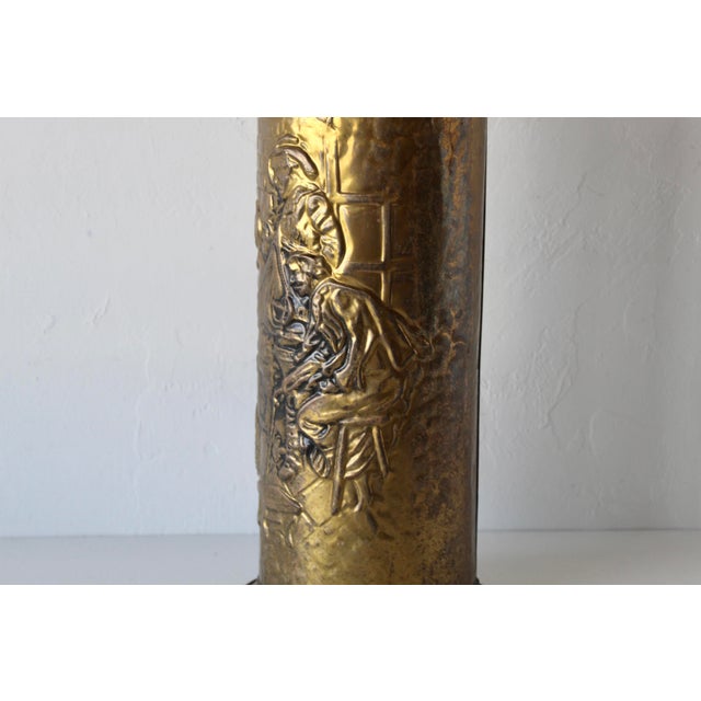 Early 20th Century Arts and Crafts Embossed Brass Stick Umbrella Stand For Sale - Image 9 of 14