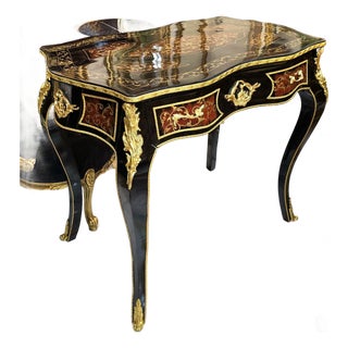 French Writing Desk With Center Drawer, Hand-Inlaid Marquetry & Gold Leaf Details For Sale