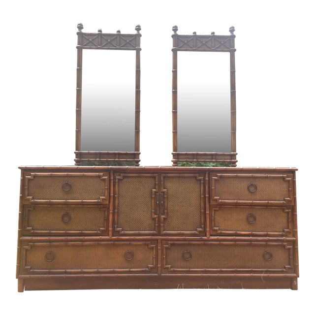 1970s Bedroom Dresser Lowboy Faux Bamboo and Rattan by Drexel with 2 Mirrors Hollywood Regency Coastal Style For Sale