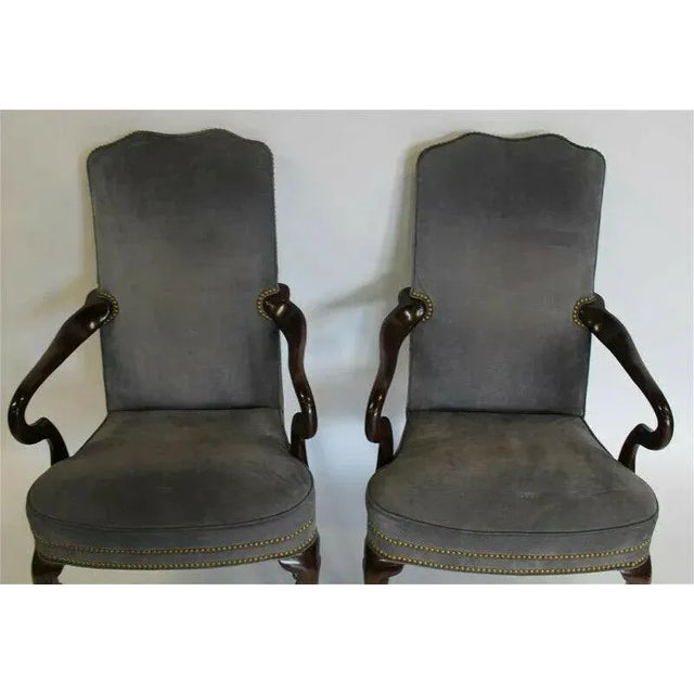 Late 20th Century Hancock & Moore Mahogany Frame Gray Suede Leather Armchairs Nailhead Trim - a Pair For Sale - Image 5 of 11