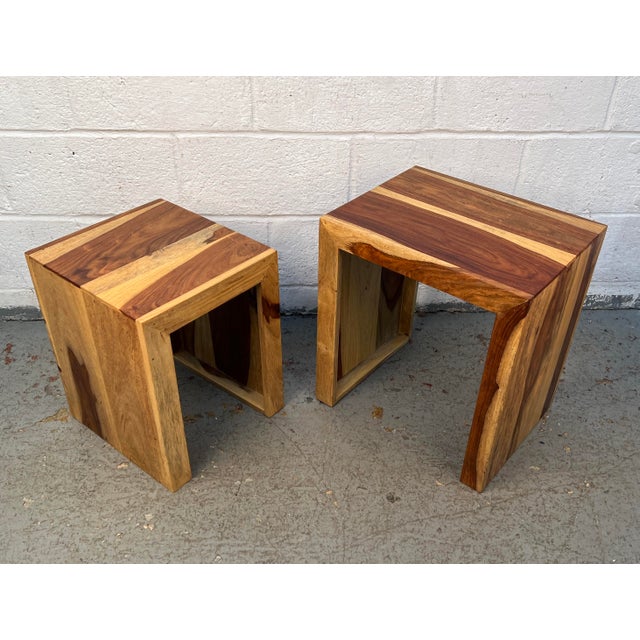 Brown Pair of Mid 20th Century Solid Sheesham Wood Waterfall Side Tables For Sale - Image 8 of 9
