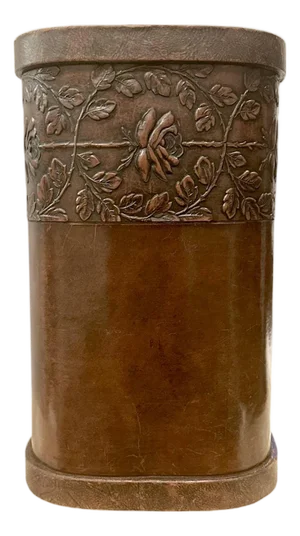 Antique Arts & Crafts / Art Nouveau Embossed Leather Umbrella / Cane Stand / Wastebasket, Circa 1900