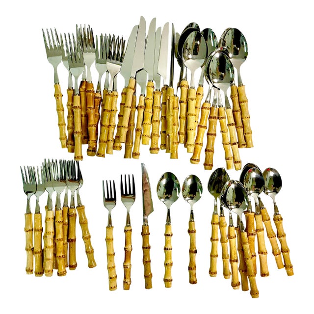 Late 20th Century Chinoiserie Coastal Bamboo 18/8 Stainless Flatware Service for 10 - 50 Pieces For Sale