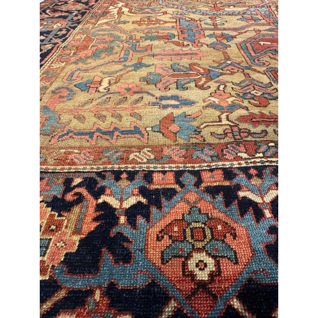 Distressed Antique Persian Serapi Rug with Relaxed Federal Style. Emanating exquisite grace and architectural design...