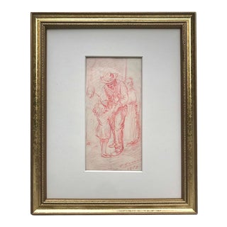 Vintage Drawing of a Young Girl and a Man by Santiago Chierico 1953 For Sale