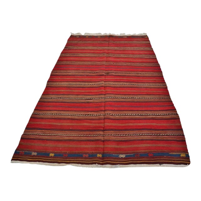 Vintage Crimson Red Turkish Striped Kilim Rug With Geometric Border Details For Sale