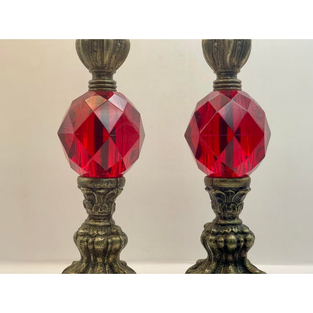 Mid 20th Century Mid 20th Century Red Faceted Baroque Inspired Candlesticks-a Pair For Sale - Image 5 of 9
