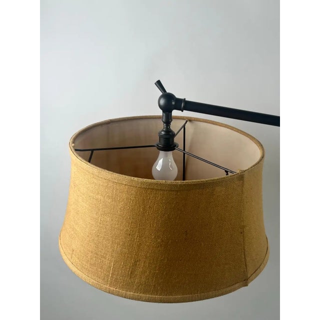 Industrial Style Adjustable Cantilever Arm Floor Lamp With Burlap Drum Shade For Sale - Image 4 of 14