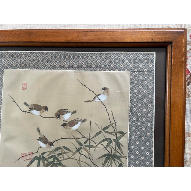 Mid 20th Century Mid 20th Century Vintage Chinese Birds and Bamboo Painting on Silk, Framed For Sale - Image 5 of 9